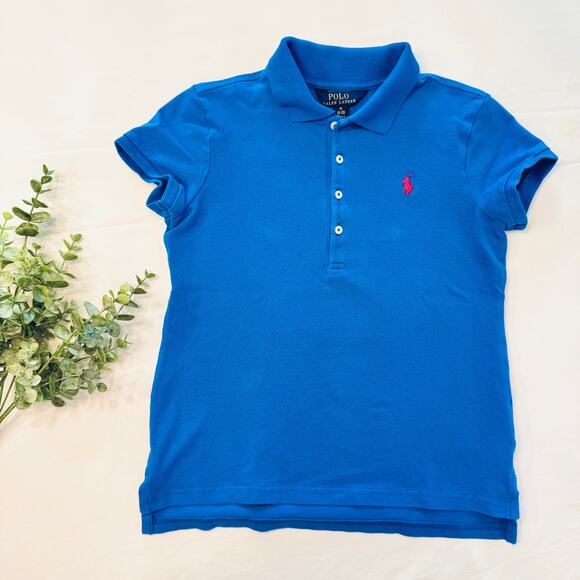 VTG Y2K Polo Ralph Lauren Shirt Girls Size 8-10 Blue Short Sleeve Top Preppy - Picture 1 of 6